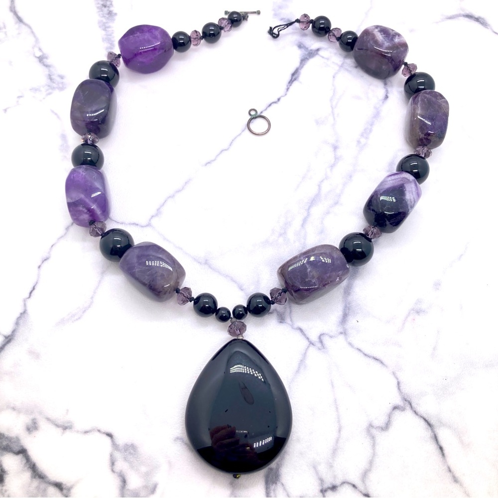 Chunky Stone Statement Necklace Amethyst & Faceted Glass with Pendant